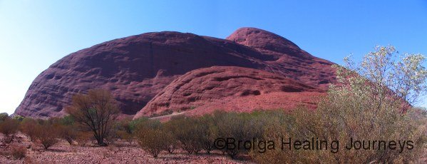 Mt Olga, 546 metres above the surrounding plain, looms in the distance beyond the other domes of Kata Tjuta