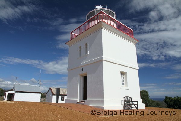 Cape Borda Lighthouse, western end of Flinders Chase National Park.  Short, squat and square, because it sits upon towering cliffs and therefore needs little height itself, it is the 'only real lighthouse on Kangaroo Island', said guide/caretaker,ratbag Mick.