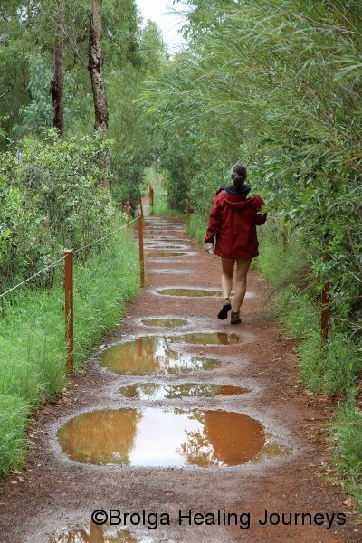 Looks like there's been rain.  Nirbeeja on the path in to Mutitjulu