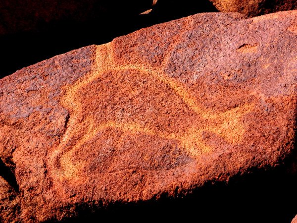 Petroglyph, outline of Kangaroo chipped away.  Burrup Peninsula WA